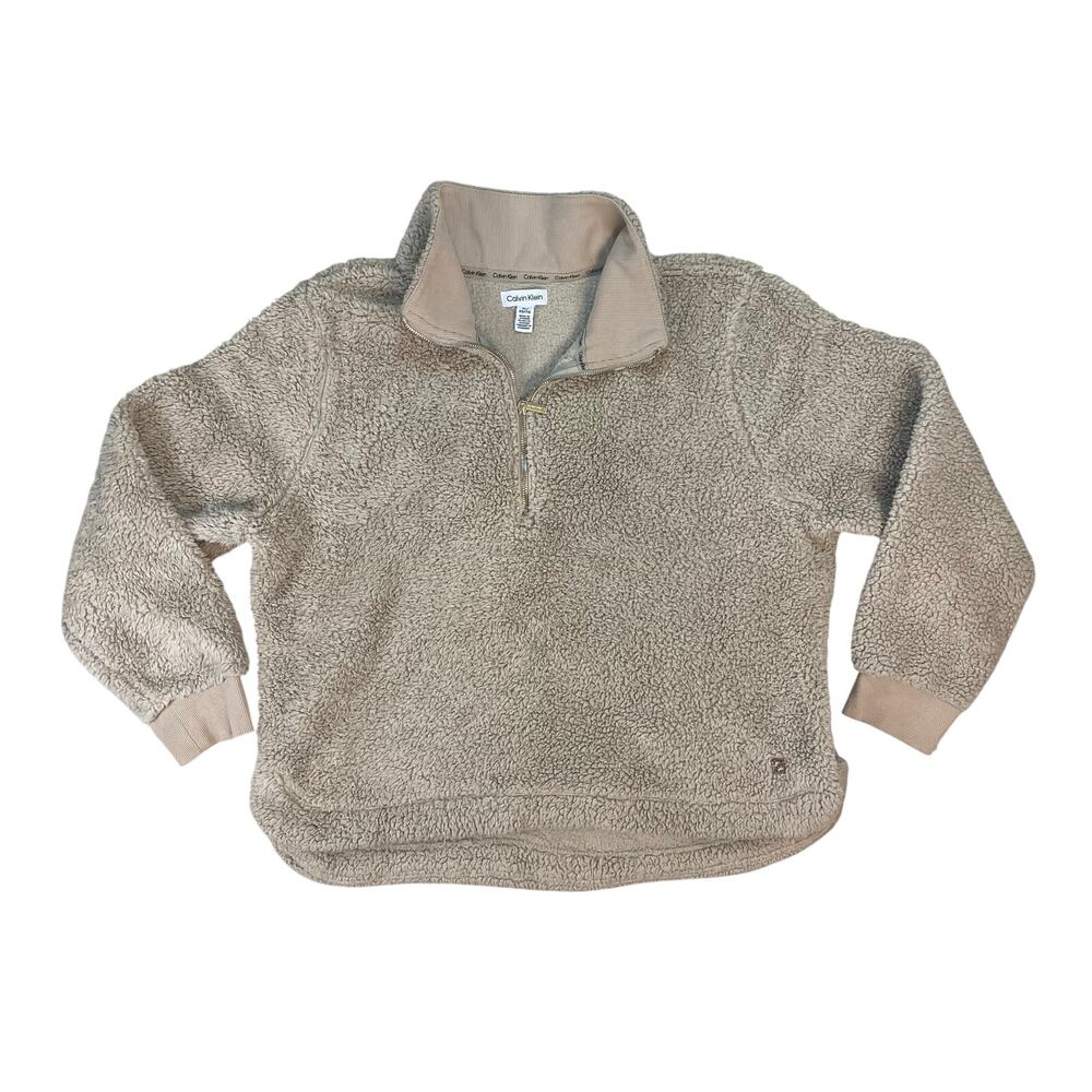 Calvin Klein Sherpa Fleece Pullover Womens XL Taupe Quarter Zip Cozy Jacket